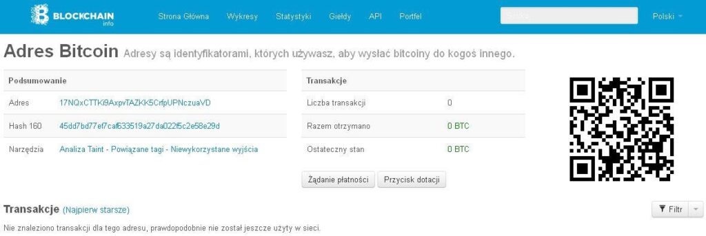 Zrzut ekranu z widocznym adresem portfela bitcoin