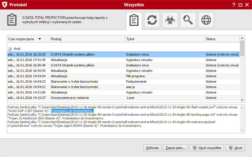 Zrzut ekranu z widocznym oknem dialogowym z programu G DATA z znalezionymi infekcjami