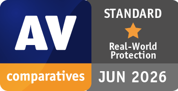 Certyfikat AV-Comparatives Standard Real-World Protection Czerwiec 2026