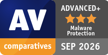 Certyfikat i nagroda AV-Comparatives Advanced+ z trzema gwiazdkami w teście Malware Protection, wrzesień 2026