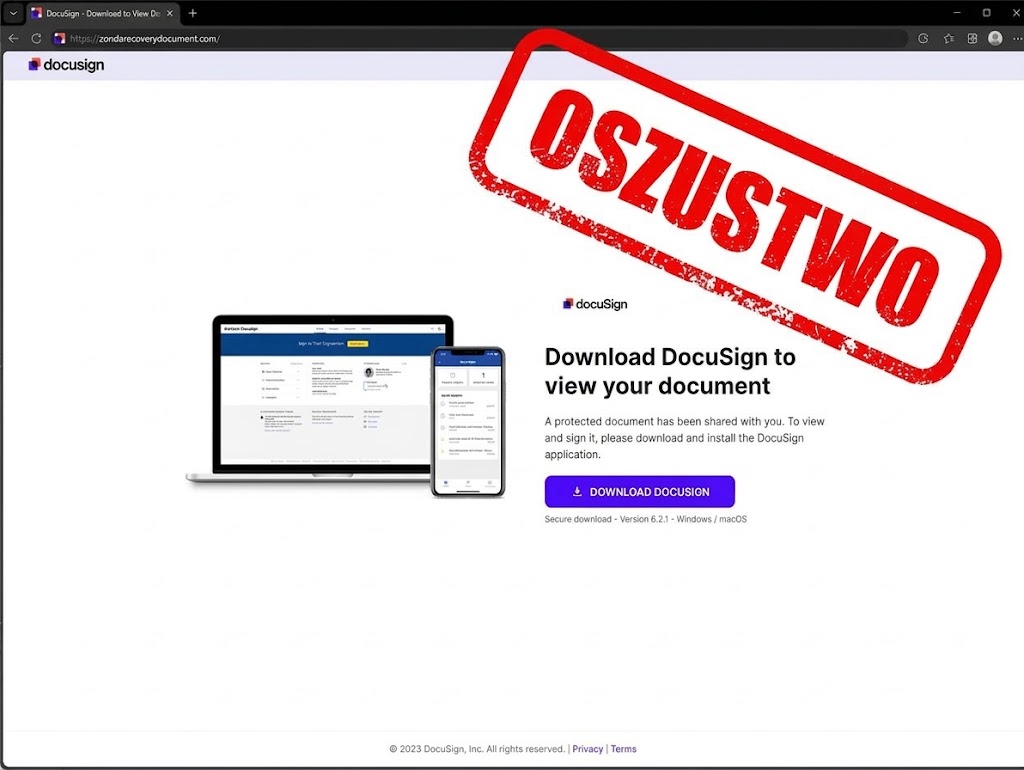 Zrzut ekranu fałszywej strony internetowej udającej oficjalną witrynę DocuSign. Strona zawiera złośliwy przycisk zachęcający do pobrania oprogramowania pod pretekstem konieczności odczytania chronionego dokumentu, a całość przekreślona jest ostrzegawczym, czerwonym stemplem OSZUSTWO.
