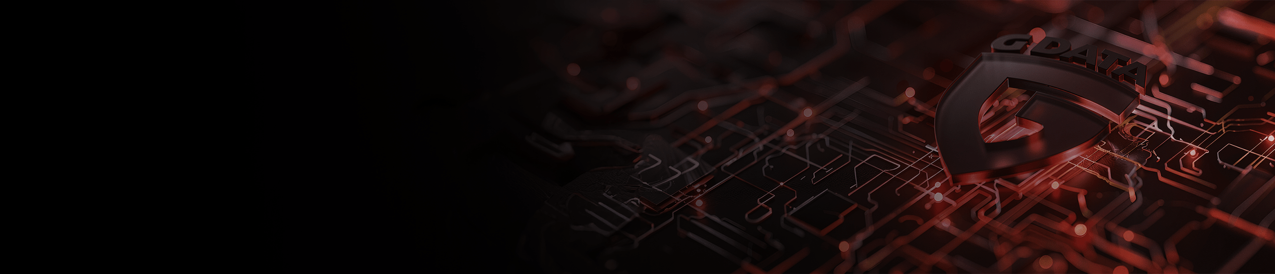 Trójwymiarowe logo G DATA z czerwoną tarczą na ciemnym, cybernetycznym tle mikrokontrolerów z łagodnym przejściem do czerni po lewej stronie.