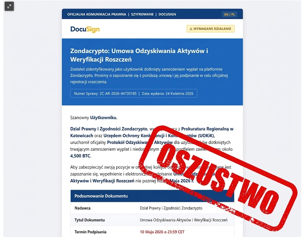 Zrzut ekranu fałszywego e-maila phishingowego DocuSign podszywającego się pod giełdę Zondacrypto. Wiadomość informuje o rzekomej umowie odzyskiwania aktywów i weryfikacji roszczeń, a na całą grafikę nałożony jest duży, czerwony stempel z napisem OSZUSTWO ostrzegający przed wyłudzeniem danych.