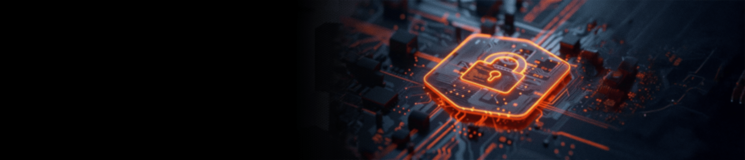 Ciemne tło technologiczne z świecącą pomarańczową kłódką na płycie głównej symbolizującą cyfrowe cyberbezpieczeństwo.