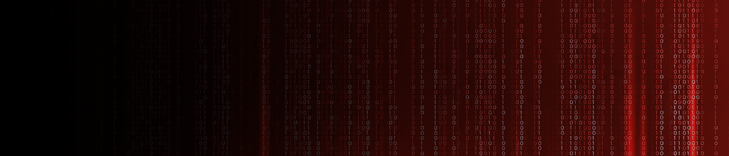 Ciemne, cybernetyczne tło z pionowymi kolumnami czerwonego kodu binarnego oraz płynnym przejściem do czerni po lewej stronie.