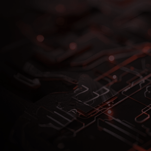 Trójwymiarowe logo G DATA z czerwoną tarczą na ciemnym, cybernetycznym tle mikrokontrolerów z łagodnym przejściem do czerni po lewej stronie.