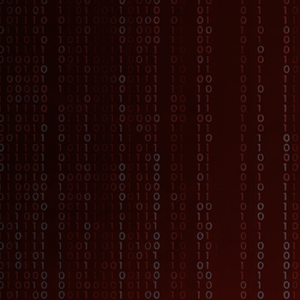 Ciemne, cybernetyczne tło z pionowymi kolumnami czerwonego kodu binarnego oraz płynnym przejściem do czerni po lewej stronie.